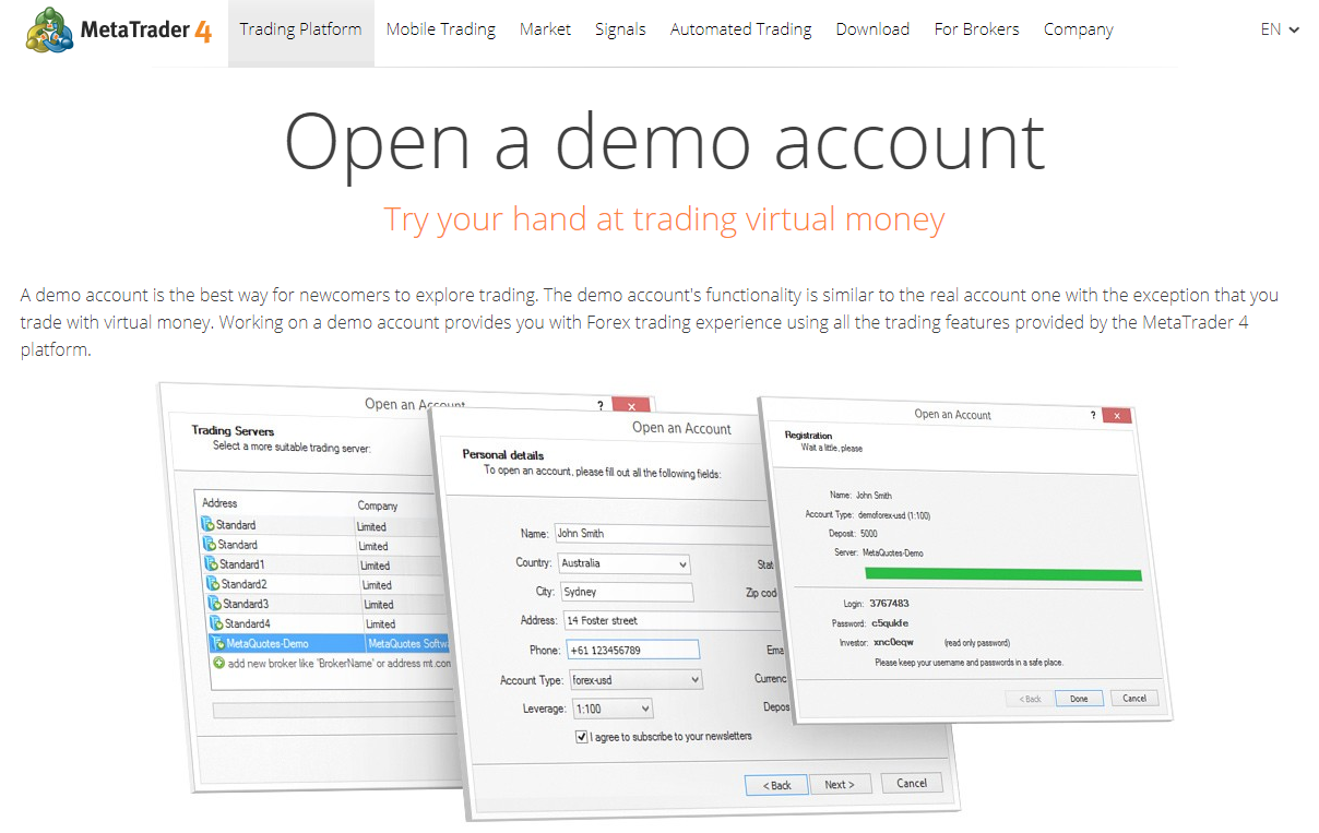 Trader có thể mở tài khoản demo trực tiếp trên M4 